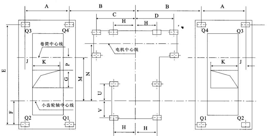2*5T-2*37.5T弧门卷扬启闭机安装布置图及尺寸参数